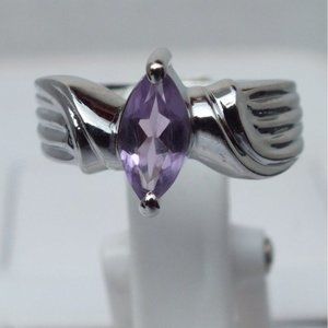 Sterling Silver Amethyst Purple Birthstone Ring, Marquise Cut Gemstone, Size 7